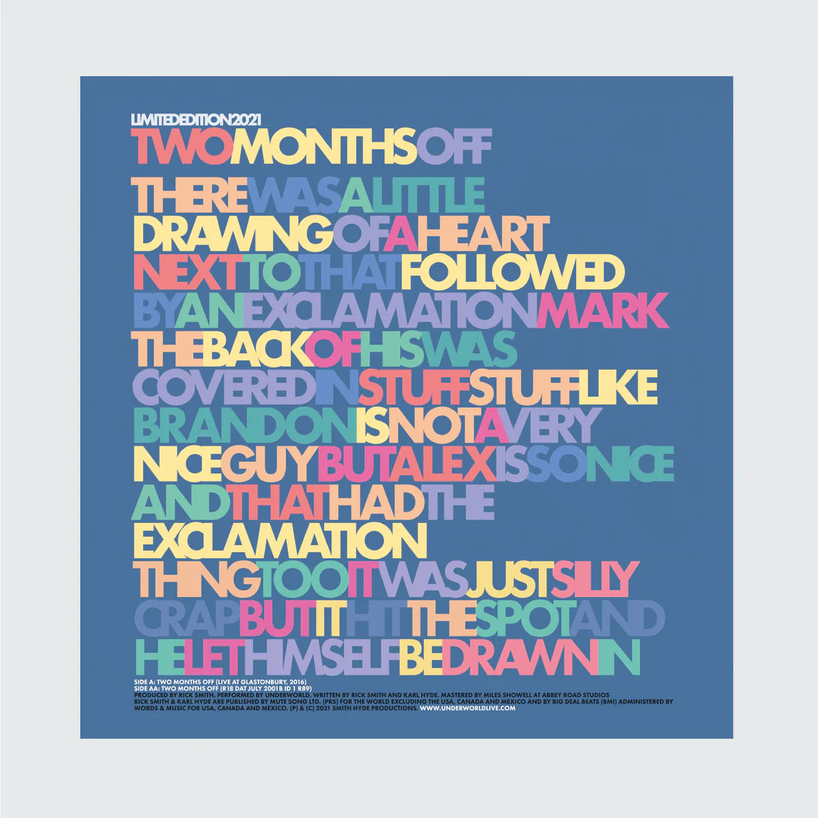 Underworld - *TWO MONTHS OFF LIMITED DROP* TWO MONTHS OFF 2021 LIMITED EDITION 2021 12" VINYL